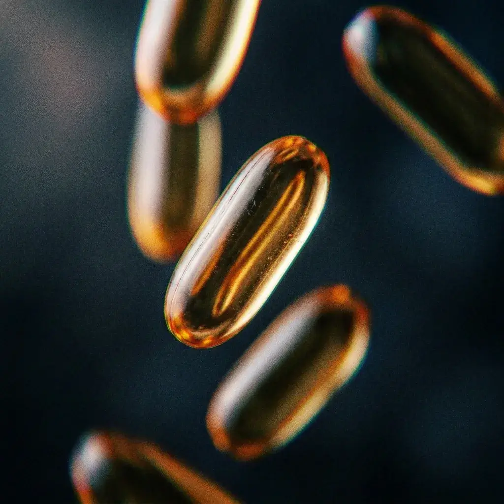 Amber softgel capsules falling through the air
