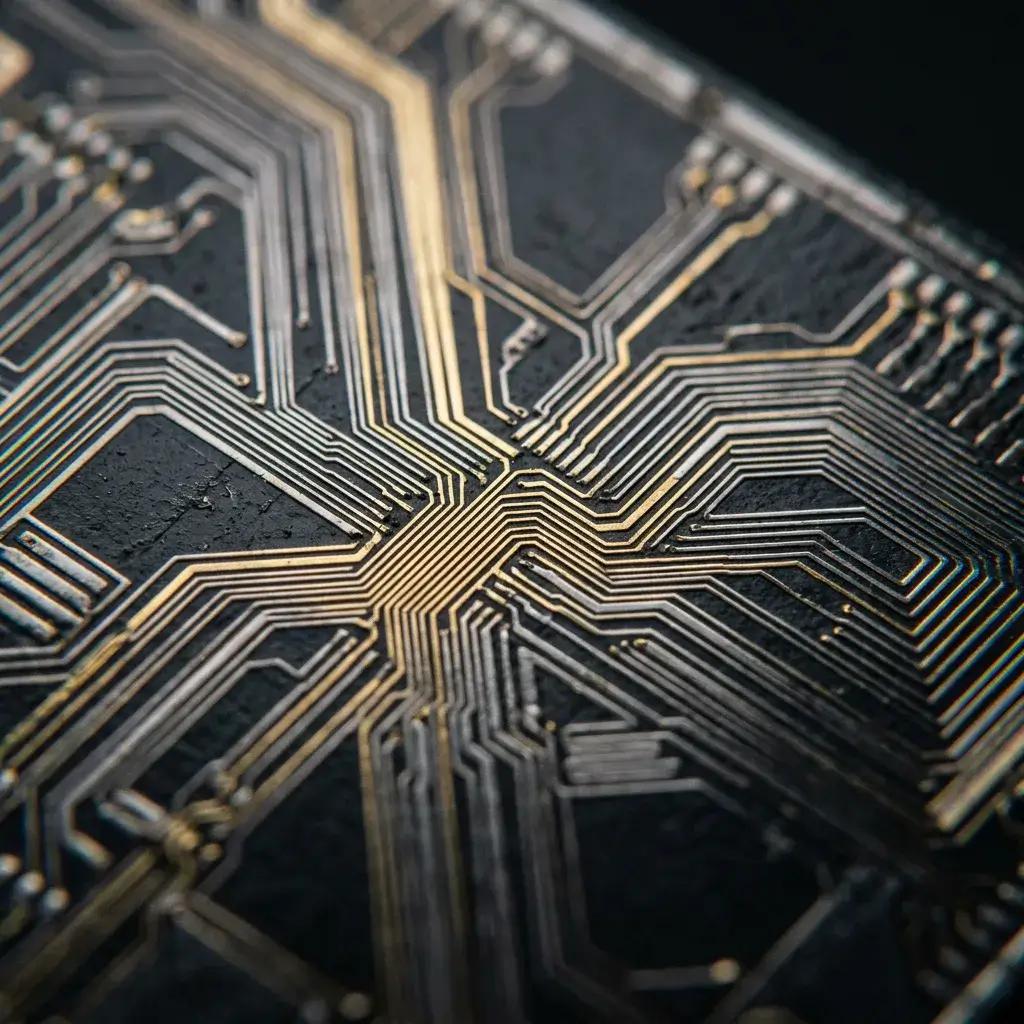 Gold circuit traces on a board