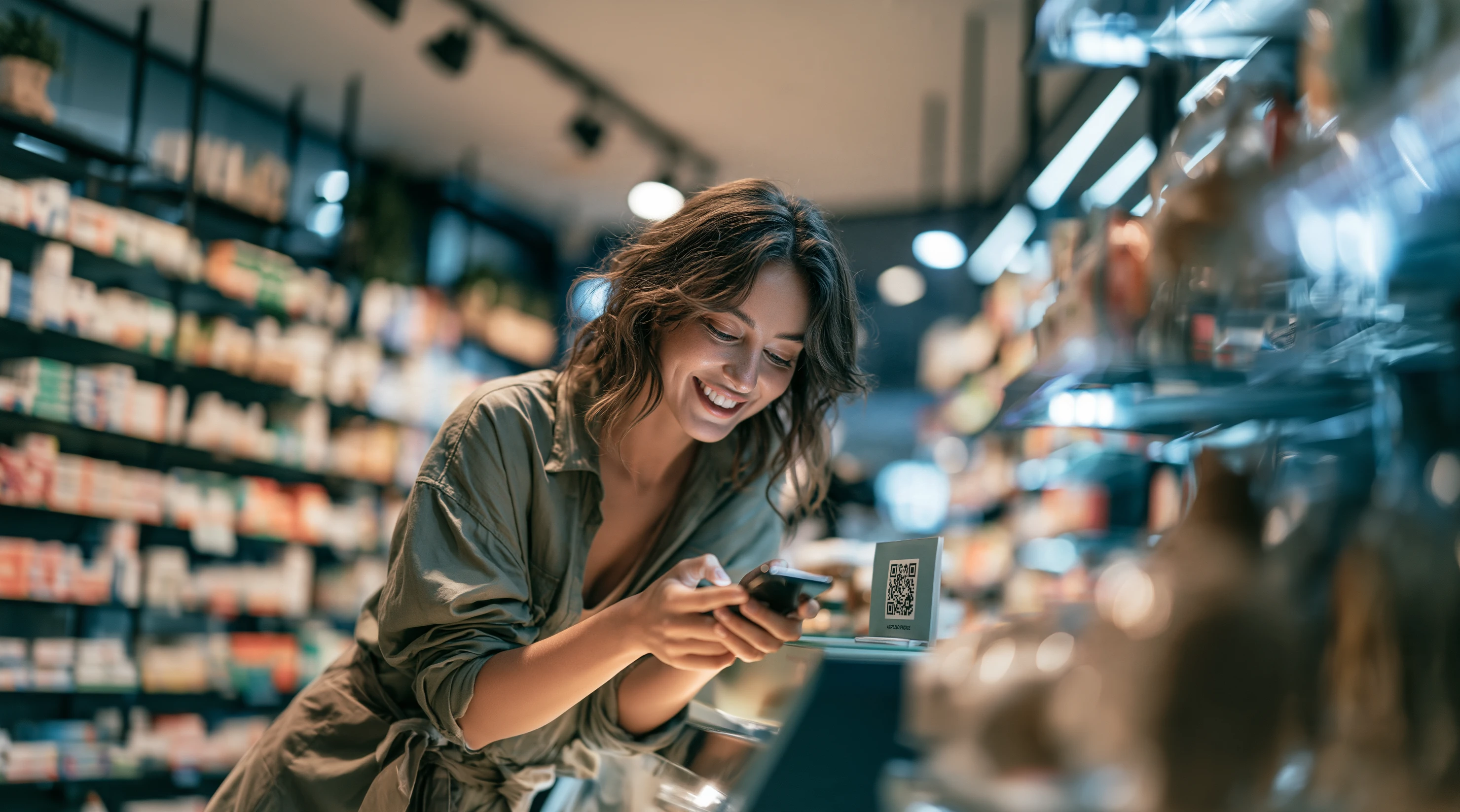 Woman scanning a QR code in a pharmacy