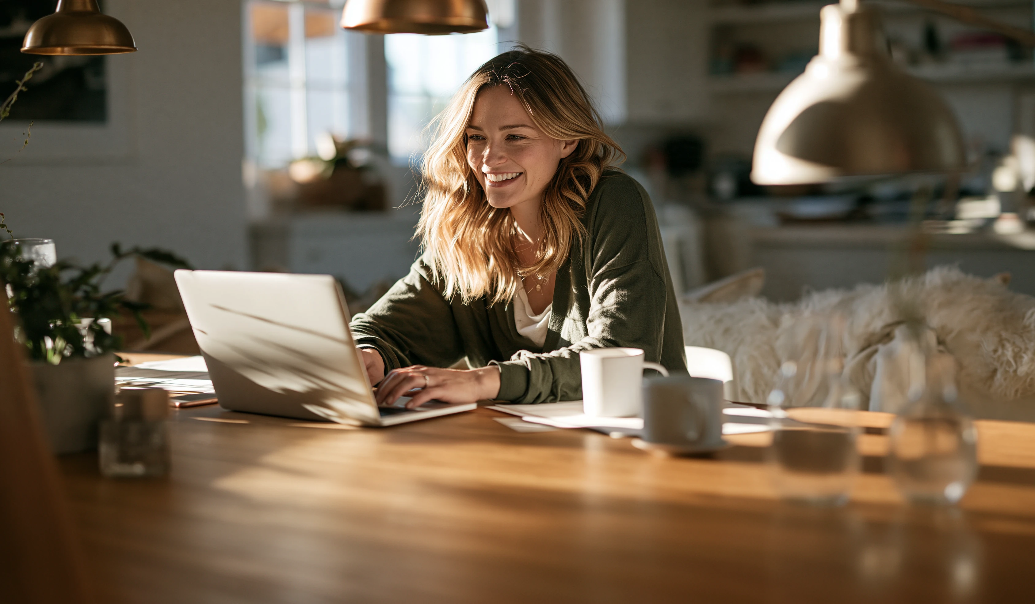 Woman smiling at her laptop at home
