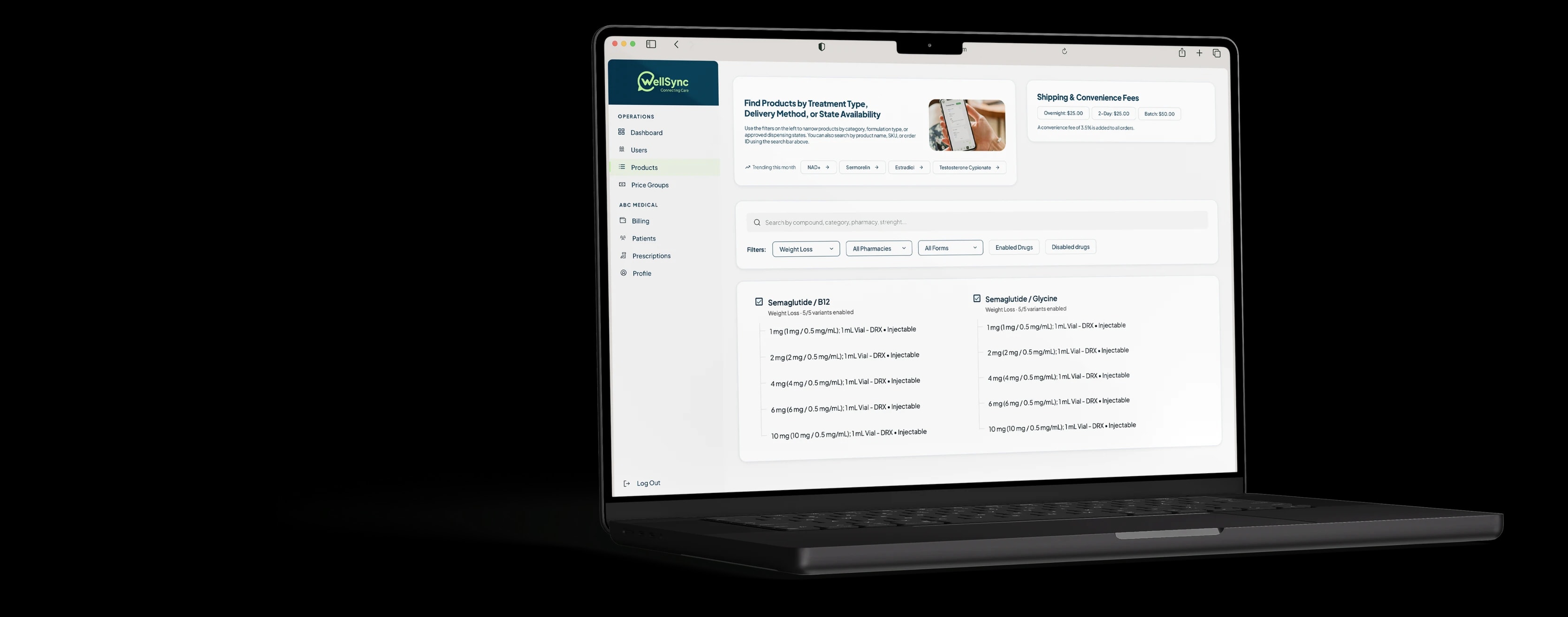 The WellSync Pharmacy Portal products page on a laptop