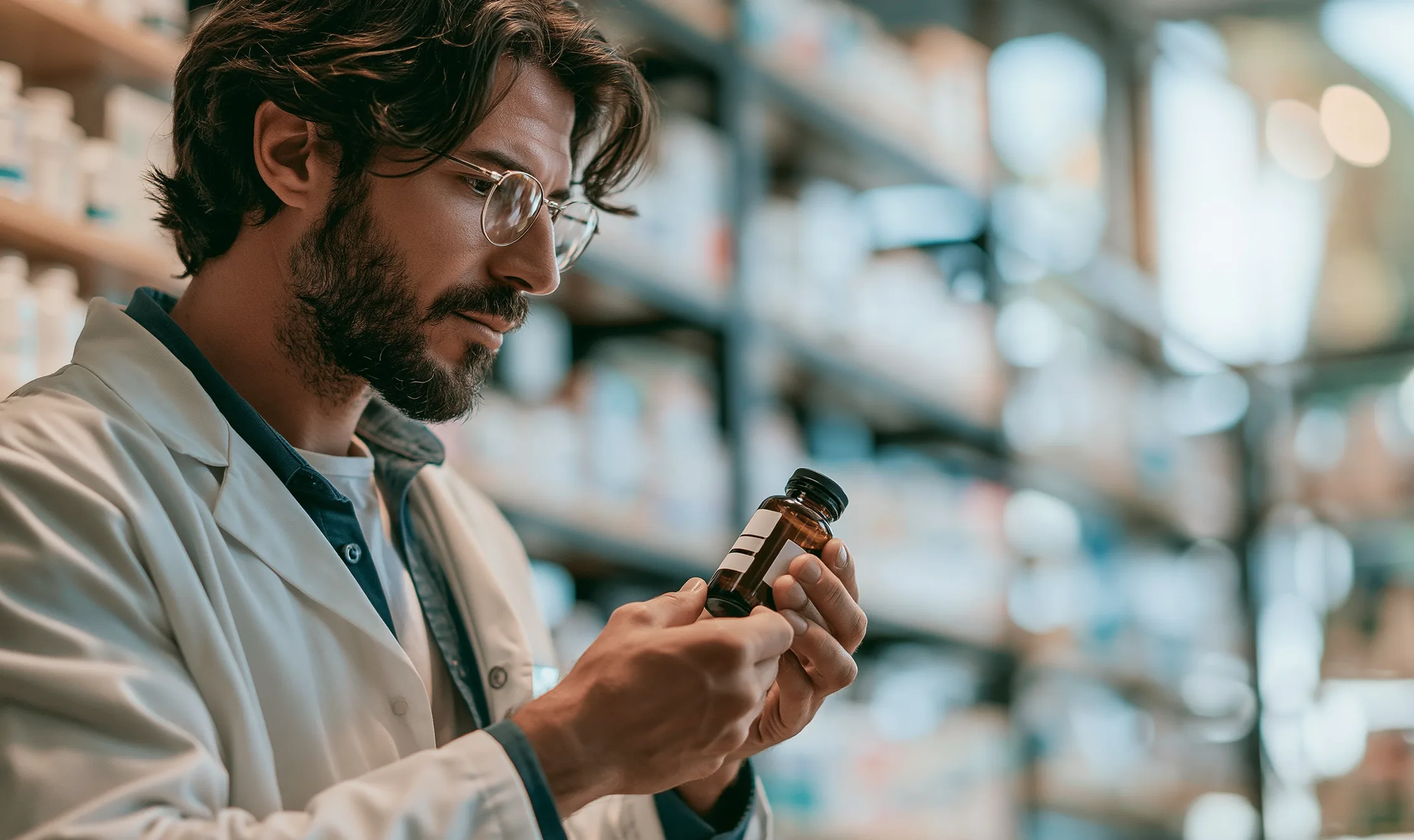A pharmacist checking a prescription bottle