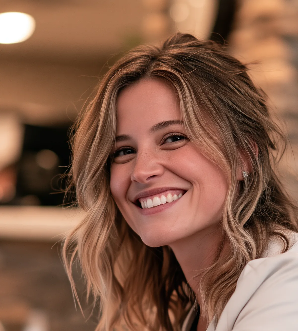 A woman smiling at the camera
