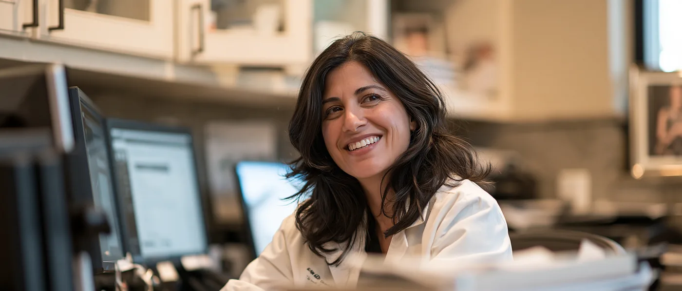A smiling clinician at the front desk of a practice