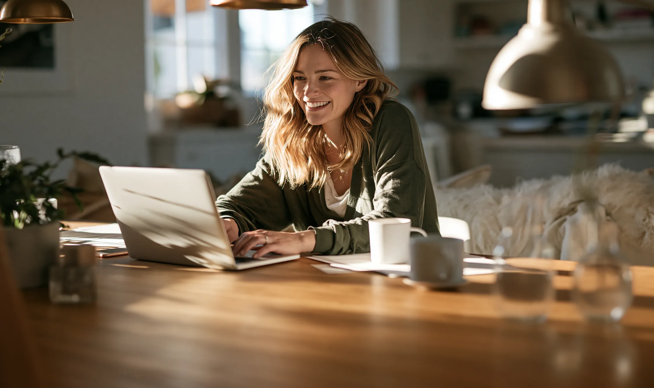A woman at her kitchen table starting a virtual visit on her laptop