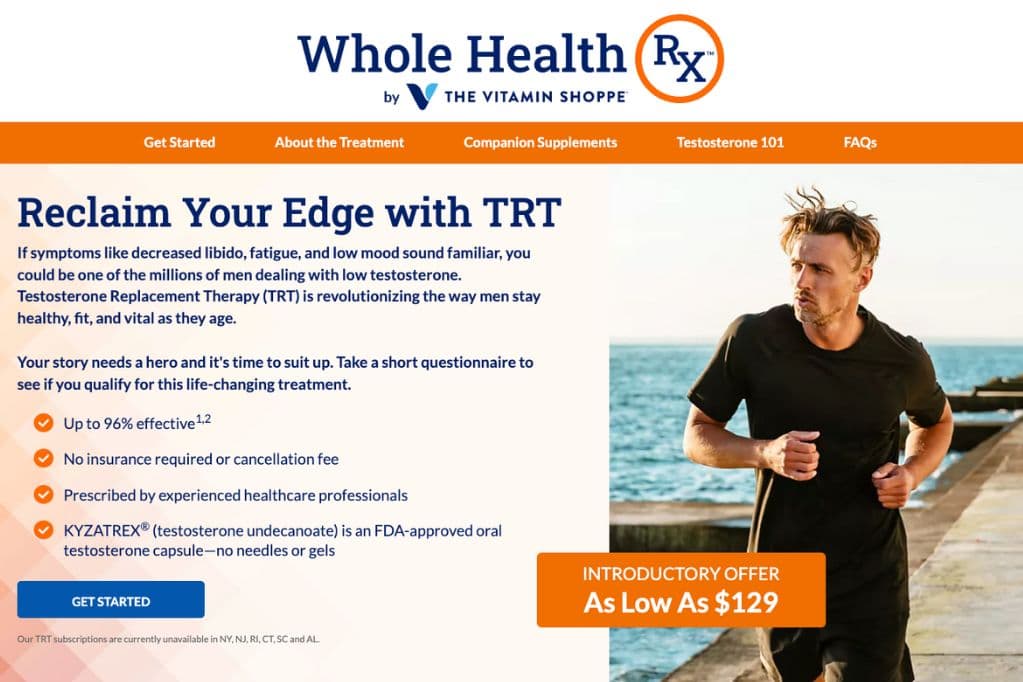 The Whole Health Rx testosterone replacement therapy page by The Vitamin Shoppe