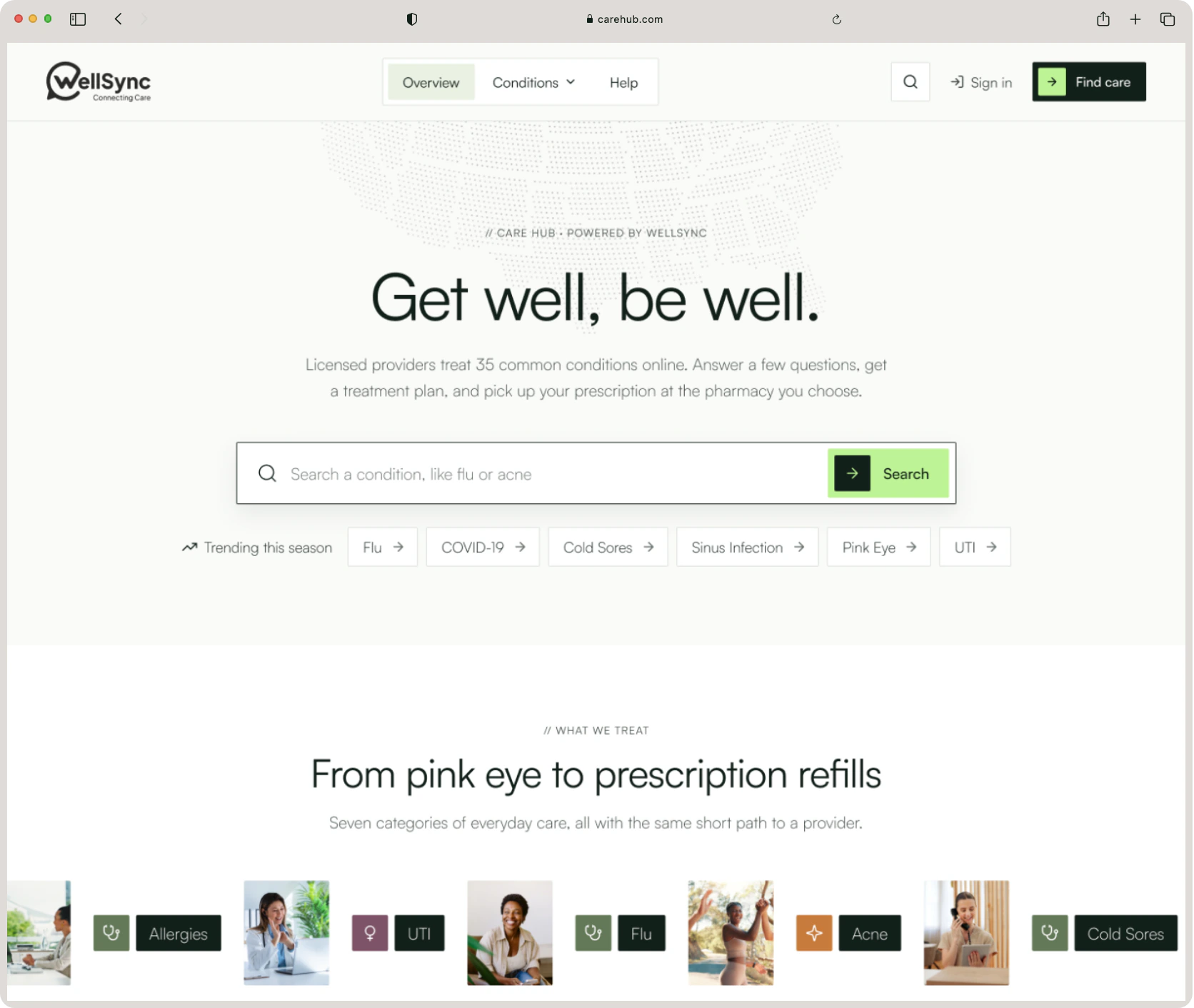 The CareHub patient site: Get well, be well, with a search for conditions