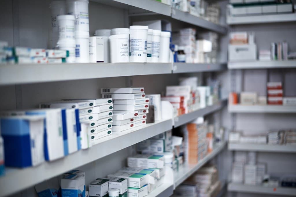 pharmacy shelves with medications